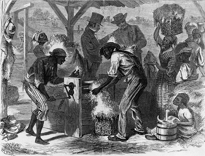 Slaves and Cotton Gin Block Print